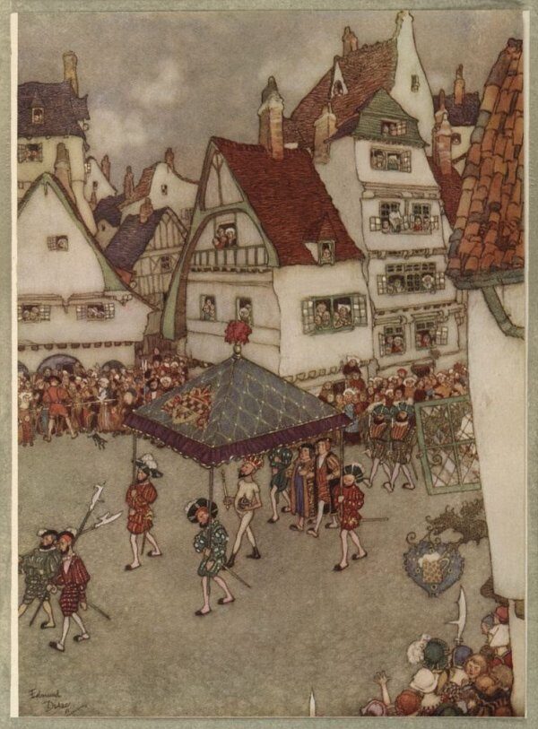 The emperor parading in his new clothes while the crowd watches, illustration by Edmund Dulac